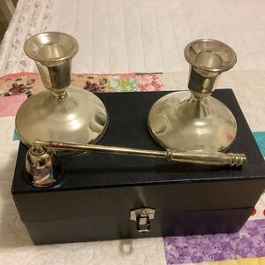 Silver plated candlesticks and snuffer